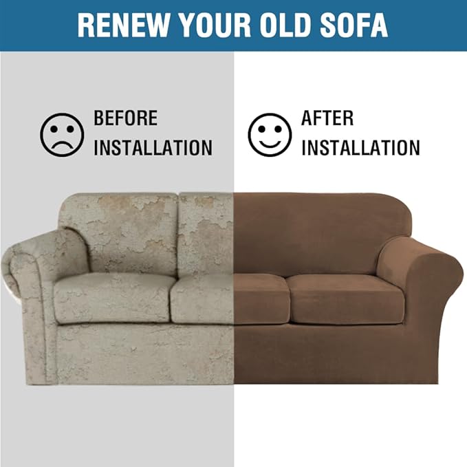H.VERSAILTEX High Stretch Sofa Slipcover 4 Piece Cover Velvet Furniture Protector Form Fit Thick Velvet Extra Large Sofa Cover for 3 Cushion Couch Width Up to 97 Inch (Large Sofa, Bronze Brown)