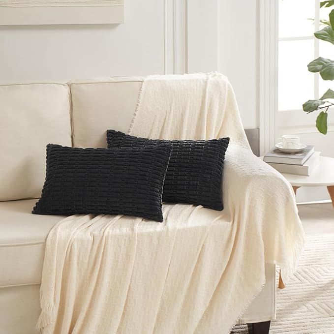 Fancy Homi 4 Packs Boho Black Decorative Throw Pillow Covers 14x24 Inch for Living Room Couch Bed Sofa, Rustic Modern Farmhouse Home Decor, Soft Plush Corduroy Cute Square Cushion Case 35x60 cm