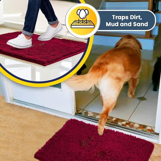 Muddy Mat® | Super Absorbent Door Mat Indoor, Microfiber Quick Dry Chenille Entryway Rug, Non-Slip Front Door Mat, Indoor Mats for Entryway, Machine Washable Pet Rug, Maroon 24" x 96"