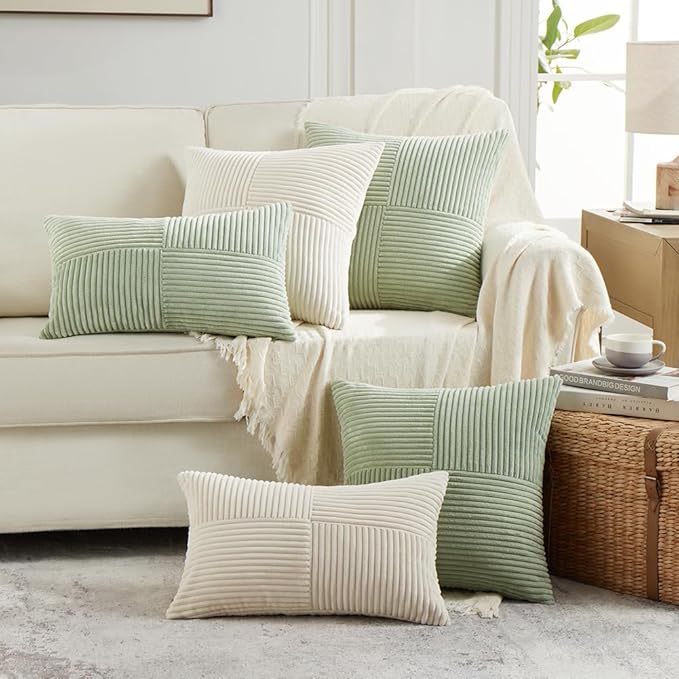 Fancy Homi 2 Packs Sage Green Lumbar Decorative Throw Pillow Covers 16x32 Inch for Living Room Couch Bed, Rustic Farmhouse Boho Home Decor, Soft Striped Corduroy Rectangle Accent Cushion Case 40x80 cm