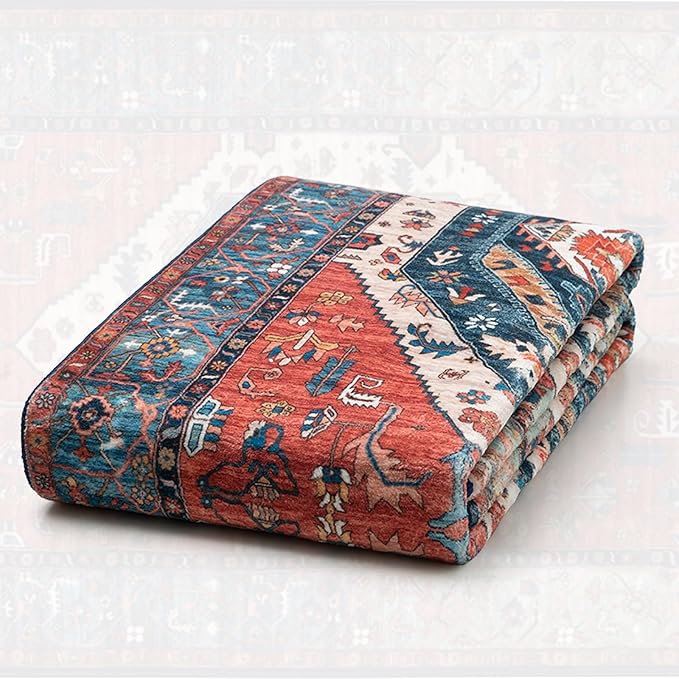 SERISSA 8x12 Area Rugs for Living Room, Large Washable Non-Slip Boho Rug, Ultra Soft Vintage Rust Oriental Tribal Print Distressed Carpet for Dining Room Bedroom Office Home Decor