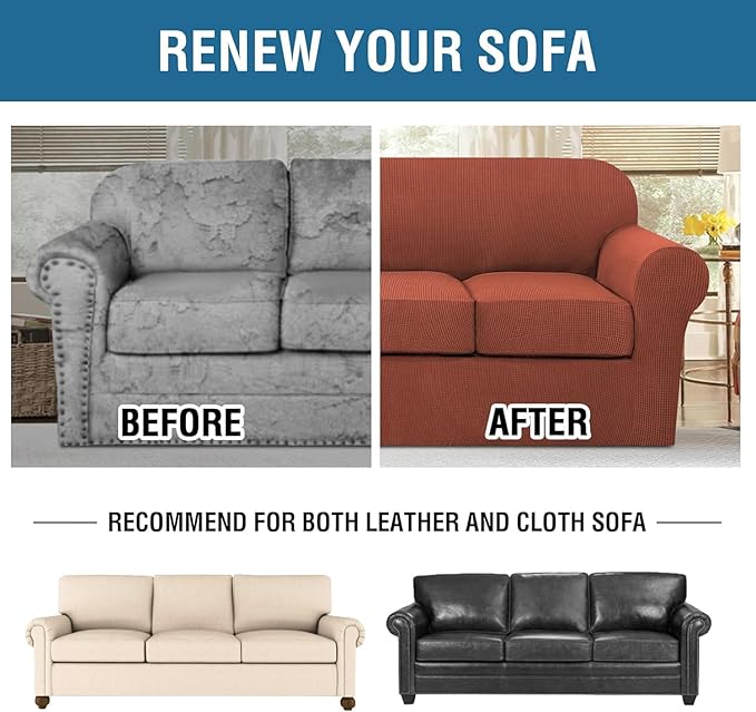 H.VERSAILTEX 4 Piece Stretch Sofa Covers for 3 Cushion Couch Covers for Living Room Furniture Slipcovers (Base Cover Plus 3 Seat Cushion Covers) Thicker Jacquard Fabric (Large Sofa, Rust)