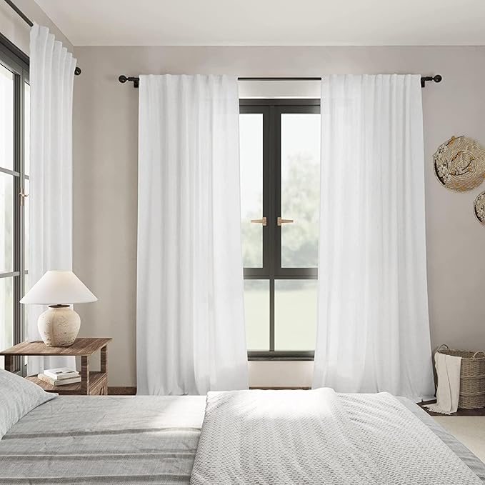 Nanspring White Linen Back Tab Curtains 85 Inch Length for Living Room 2 Panels Set Back Tab Rod Pocket Curtain Neutral Modern Farmhouse Window Curtain Privacy Semi Sheer Linen Drapes 52x85