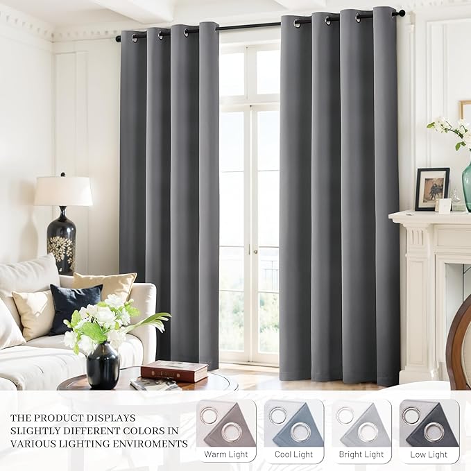 Yakamok Grey Room Darkening 100% Blackout Curtains Grommet Window Treatments with 2 Thick Layers-Gray Thermal Insulated Drapes Set of 2 Panels for Bedroom Living Room 52 Inches by 72 Inches Length