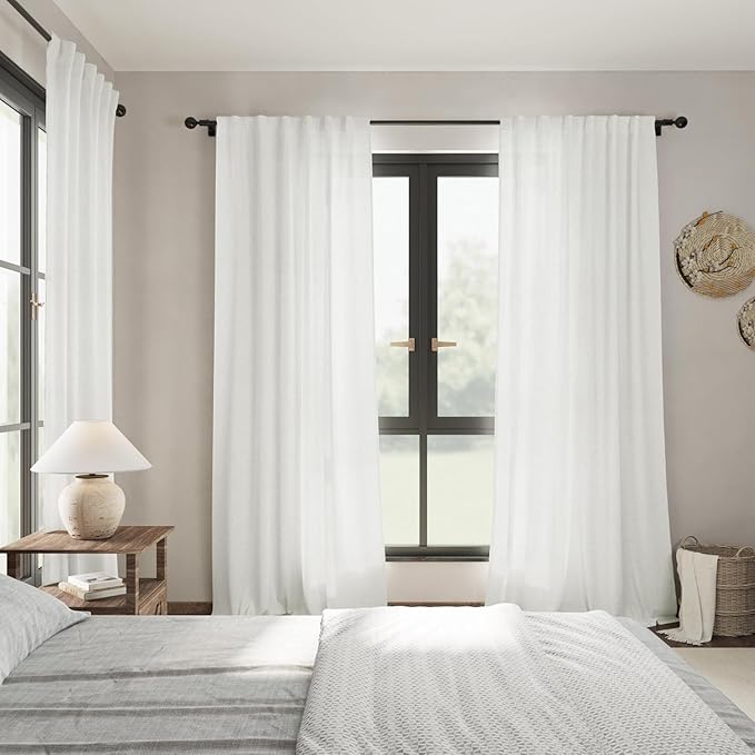 Off White Linen Curtains 96 Inches Long 2 Panels Set Back Tab Rod Pocket Semi Sheer Light Filtering Window Curtain Drapes Neutral Modern Aesthetic Long Curtains for Living Room Bedroom Decor 40x96
