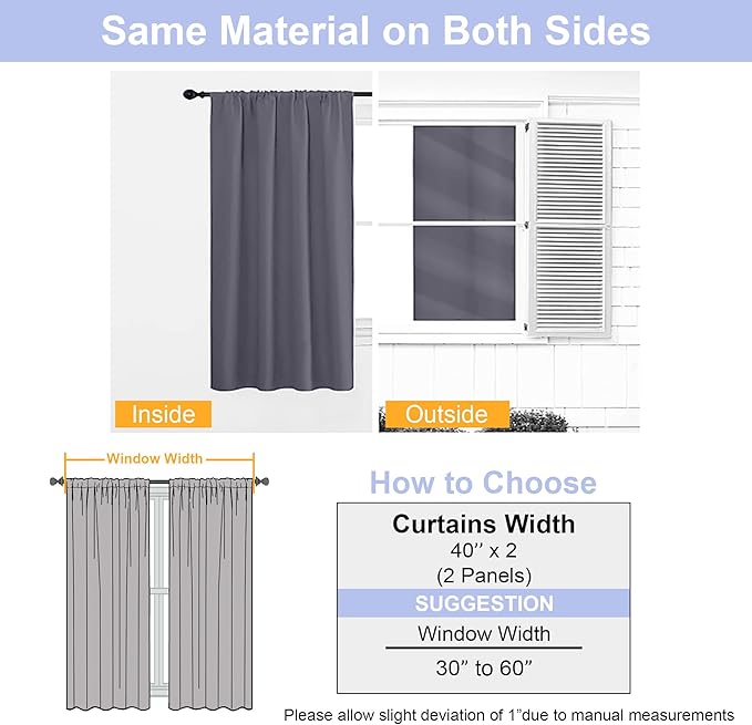 Simplebrand Ava Grey Blackout Curtains for Bedroom 63 Inch Length 2 Panels Set, Solid Thermal Insulated Energy Saving Rod Pocket Window Treatment Curtains Blackout Drapes, W40 x L63 Inch, Grey