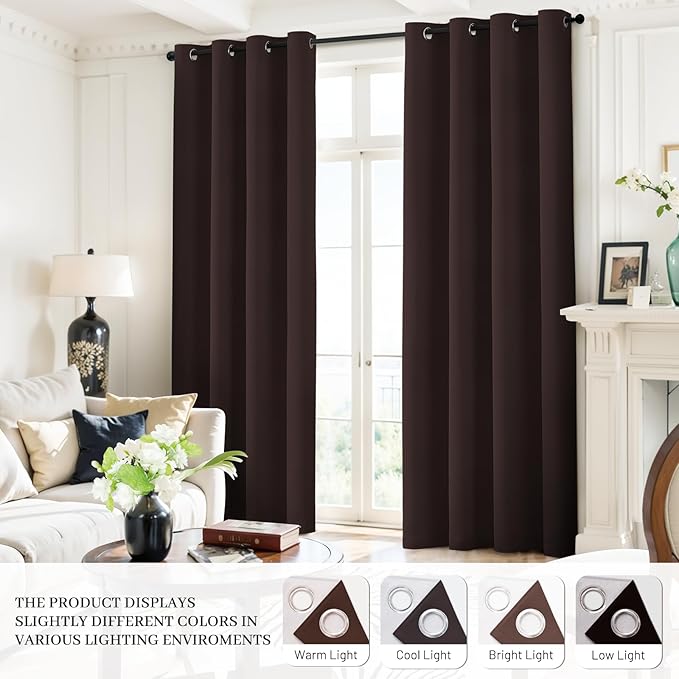 Yakamok Room Darkening 100% Blackout Curtains Grommet Window Treatments with 2 Thick Layers-Brown Thermal Insulated Drapes Set of 2 Panels for Bedroom Living Room 52 Inches by 72 Inches Length