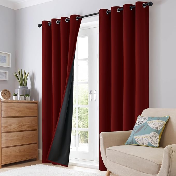 SimpleHome 100% Blackout Curtains for Bedroom,Thermal Insulated Burgundy Red Grommet Window Drapes Room Darkening Curtains for Living Room with Black Back,52 x 96 Inch,2 Panels