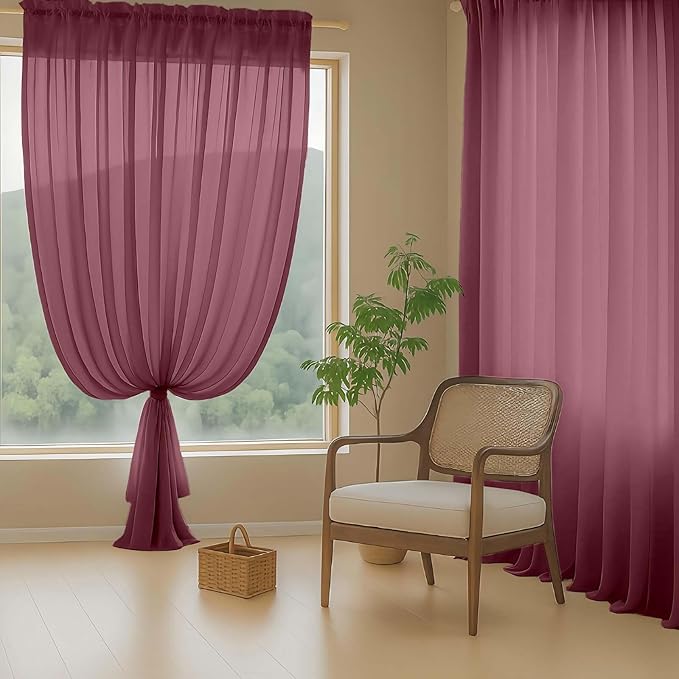 Extra Wide Sheer Curtains 90 Inches Long 2 Panels, Light Filtering Lightweight Solid Sheer Curtains for Bedroom Living Room, Christmas Window Sheer Drapes, Dual Rod Pocket, Burgundy, 2x59Wx90L