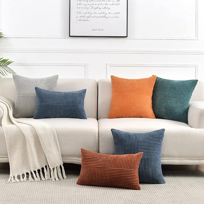 Fancy Homi 2 Packs Grey Decorative Throw Pillow Covers 16x16 Inch for Living Room Couch Bed Sofa, Rustic Farmhouse Boho Home Decor, Soft Corss Patchwork Corduroy Textured Square Cushion Case 40x40 cm