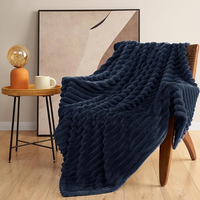 HIMEET Navy Blue Ribbed Throw Blanket for Couch - 300GSM Lightweight Soft Fleece Blanket for Women Men, Cozy Blankets for Mothers Gifts, Striped Spring Home Room Decor, Navy Blue, 50x60 Inches