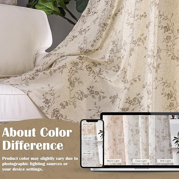 Lazzzy Taupe Floral Linen Curtains 84 Inch Farmhouse Back Tab Drapes for Living Room Bedroom Light Filtering Vintage Grandmillennial Rod Pocket Curtains, 2 Panels, W38 x L84, Taupe on Beige