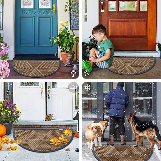 Smiry Half Circle Front Door Mat Outside Entrance, Heavy Duty Sturdy Natural Rubber Doormat, Trap Dirt and Moisture, Low Profile Mats for Indoor Outdoor Entry, Irregular Triangle (47x32, Brown)
