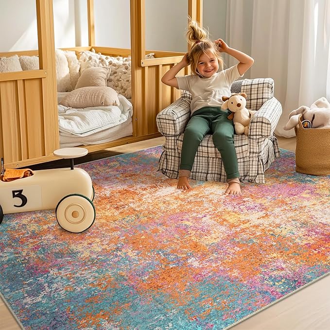 Washable Area Rugs Square 8ft Non-Slip Modern Abstract Soft for Living Room Entryway Bedroom Nursery, Print Pattern, Orange Blue Pink Yellow Colorful