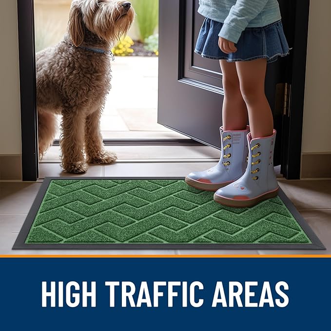 OLANLY Front Door Mat Indoor Outdoor Entrance, Waterproof All-Season, All-Weather Doormat, Sturdy Natural Rubber, Low Profile, Easy Clean Patio Porch Entryway Mat, Herringbone Brick (Green, 35x23)