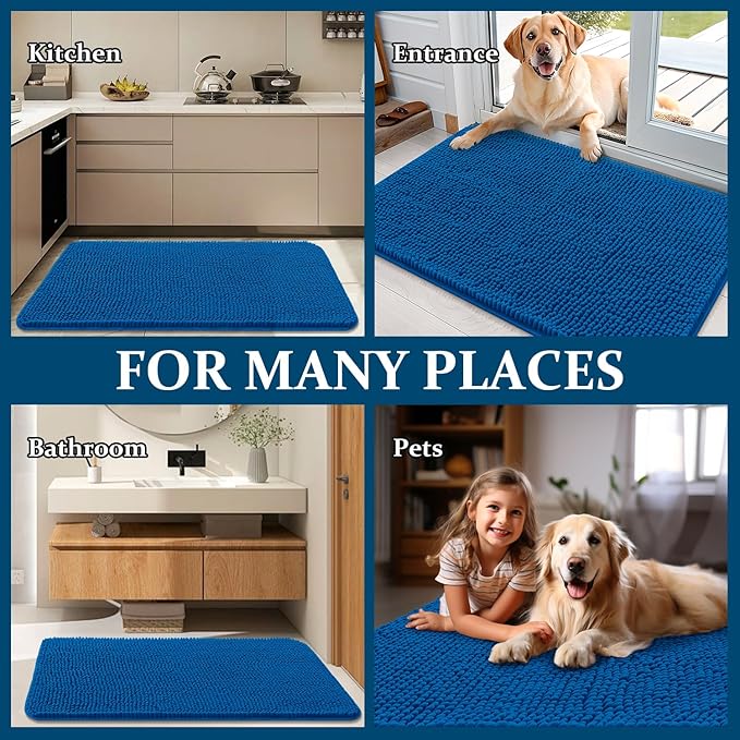 OLANLY Dog Door Mat for Muddy Paws 40x24, Absorbs Moisture and Dirt, Absorbent Non-Slip Washable Doormat, Quick Dry Chenille Mud Mat, Entry Indoor Entryway Carpet for Inside Floor, Deep Navy Blue