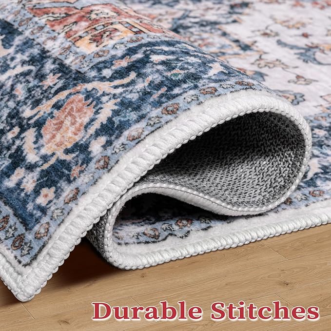 SERISSA 4x6 Boho Bedroom Rug, Washable Non Slip Vintage Blue Orange Area Rugs, Ultra Soft Print Distressed Tribal Entry Rug Low-Pile Throw Carpet for Nursery Dorm Kitchen Living Room Decor