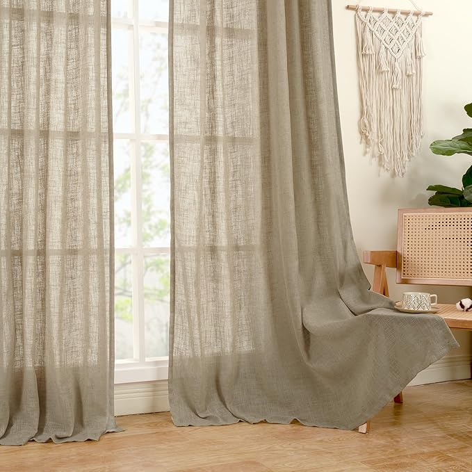LAMIT Sheer Linen Curtains 63 Inch for Bedroom, Light Filtering Country Decor Semi Sheer Farmhouse Boho Curtains Back Tab and Rod Pocket Living Room Panels, Taupe, 2 Panels, 52 x 63 Inch