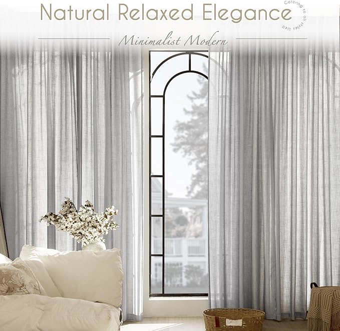 Linen Blend Grey Curtains for Living Room Back Tab Modern Farmhouse Semi Sheer Light Gray Curtains 120 inches Long 2 Panels Set Muted Neutral Cotton Texture Window Curtain for Dining Room Bedroom