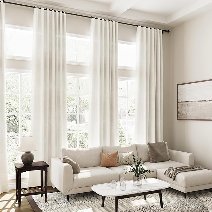 Cream Linen Curtains 139 Inches Long for Living Room Extra Long Back Tab Curtains Neutral Farmhouse Light Filtering Semi Sheer Linen Drapes Ceiling to Floor for Large Window 2 Panels Set 52x139
