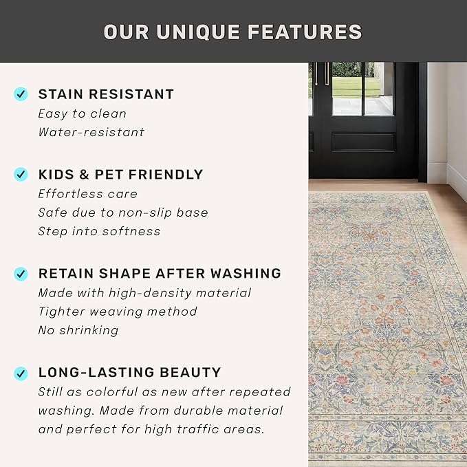 Hazo Haus Boho 3x16 Wide Hallway Runner - Beige Blue and Purple, Washable Low Pile Non Slip Stain Resistant 16ft Runner Rug for Long Kitchen, Hall Way, Floral Forest Decor