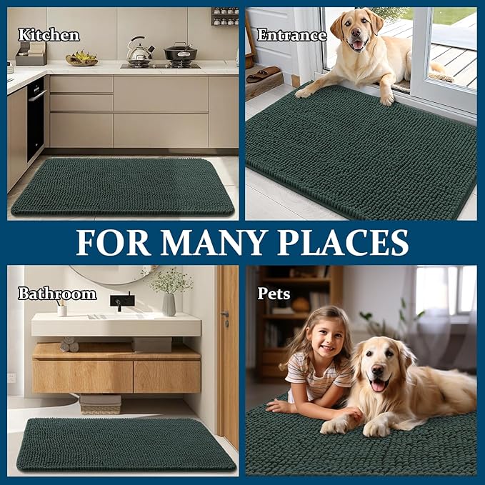 OLANLY Dog Door Mat for Muddy Paws 35x24, Absorbs Moisture and Dirt, Absorbent Non-Slip Washable Doormat, Quick Dry Chenille Mud Mat, Entry Indoor Entryway Carpet for Inside Floor, Blackish Green