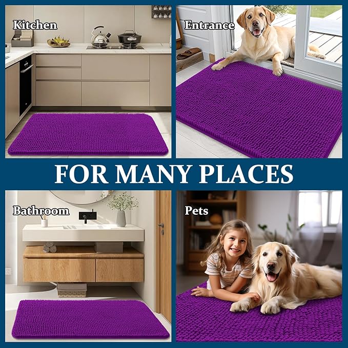 OLANLY Dog Door Mat for Muddy Paws 45x27, Absorbs Moisture and Dirt, Absorbent Non-Slip Washable Doormat, Quick Dry Chenille Mud Mat for Dogs, Entry Indoor Entryway Carpet for Inside Floor, Purple