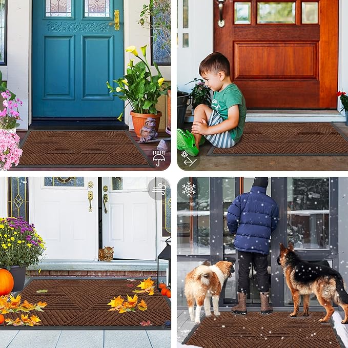 Smiry Front Door Mat Outside Entrance, Heavy Duty Sturdy Natural Rubber Doormat, Trap Dirt and Moisture, Easy Clean Low Profile Mats for Indoor Outdoor Entry, Irregular Triangle (47x32, Deep Coffee)