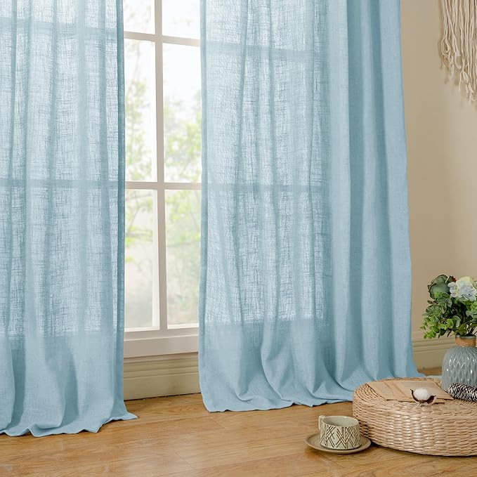 LAMIT Stone Blue Semi Sheer Window Linen Curtains 63 Inch Length, Light Filtering Panels Back Tab and Rod Pocket Country Decor Drapes for Bedroom/Living Room, 2 Panels, 34 x 63 Inch