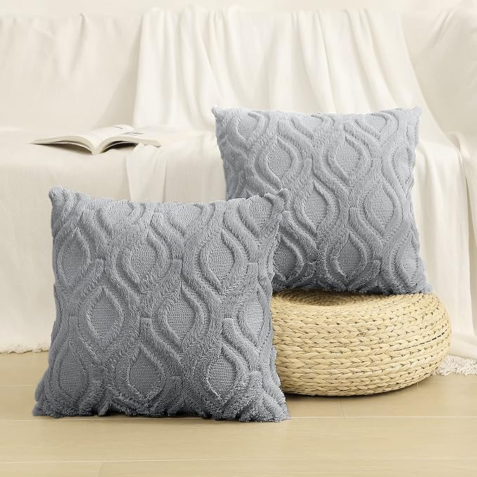decorUhome Throw Pillow Covers 22x22 Inch Set of 2, Soft Plush Faux Wool Grey Solid Couch Pillow Covers, Accent Euro Sham Farmhouse Neutral Square Pillow Cases for Sofa Bed Living Room