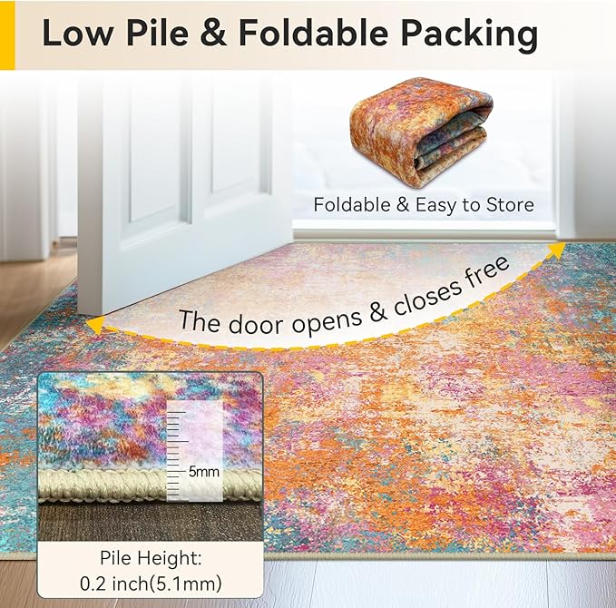 Washable Area Rugs 2'x8' Non-Slip Modern Abstract Soft for Living Room Entryway Bedroom Nursery, Print Pattern, Orange Blue Pink Yellow Colorful
