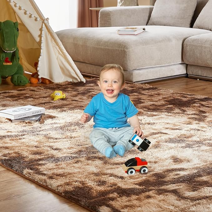 6x9 Area Rugs for Living Room, Ultra Soft Shaggy Rugs Carpets, Anti-Skid Soft Fluffy Shag Fur Bedroom Rugs for Kids Boys Girls Dorm Nursery Home Decor Aesthetic, Tie-Dyed Brown