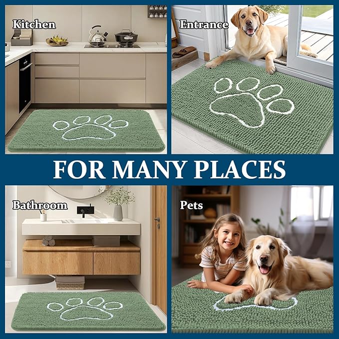 OLANLY Dog Door Mat for Muddy Paws 24x16, Paw Print Design, Absorbs Moisture and Dirt, Non-Slip Washable Doormat, Quick Dry Chenille Mud Mat, Entry Indoor Entryway Carpet, Olive Green and White