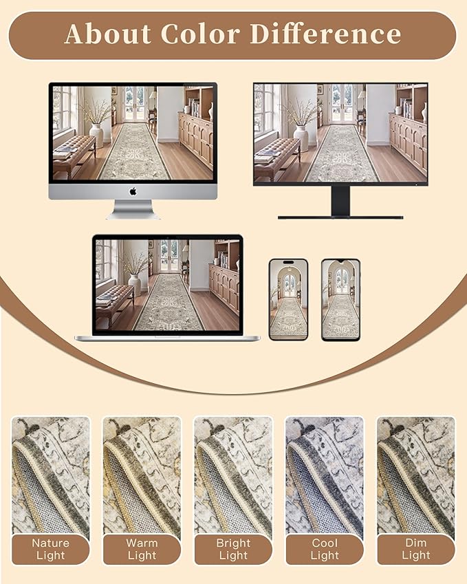Madane Area Rug 4x6 Washable Rugs: Vintage Living Room Rug Soft Low Pile Non Slip Area Rugs Distressed Indoor Floor Carpet for Bedroom Kitchen Dining Room Home Decor, Ivory/Brown