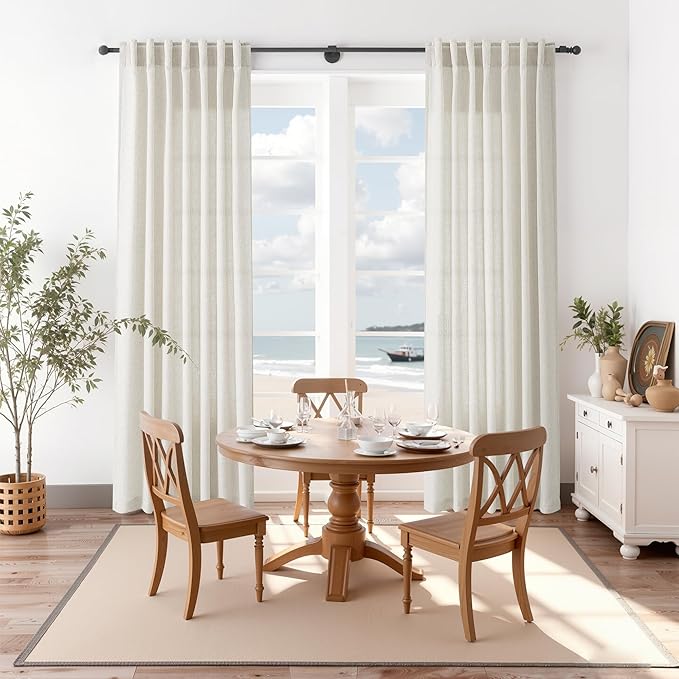 Nanspring Mousse White Linen Curtains 84 Inches Long for Living Room Light Filtering Semi Sheer Curtain Back Tab Simple Modern Elegant Luxury Coastal Decor Drapes for Bedroom Office 52x84,2 Panels