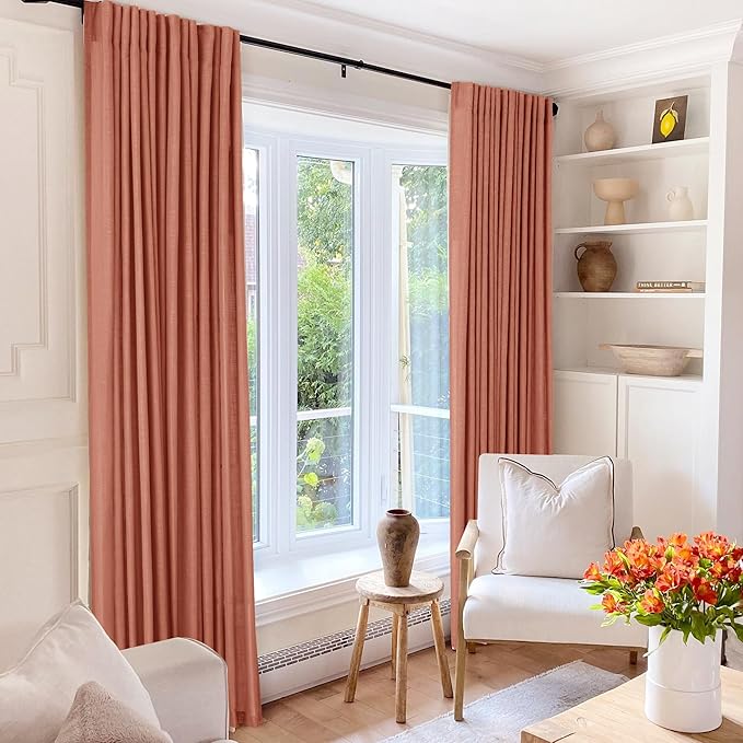 132 inch Linen Terracotta Curtains 2 Panels for Living Room Back Tab Light Filtering Semi Sheer Rust Colored Curtains 132 inches Long Soft Thick Cotton Cloth Textured Rustic Boho Farmhouse Room Decor