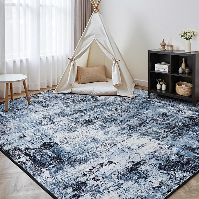 Rugflix 4x6 Area Rug for Living Room, Washable Non-Slip Stain-Resistant Low Pile, Modern Dark Carpet for Dining Room/Home Office/Kid Room/Nursery/Bedroom, Navy Blue/Black