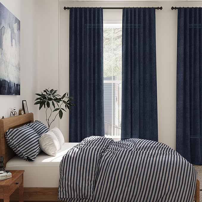Nanspring Navy Blue Semi Sheer Curtains 72 Inches Long 2 Panels Set for Bedroom Back Tab Rod Pocket Light Filtering Drapes Cotton Linen Textured Indigo Blue Farmhouse Living Room Curtain 52X72