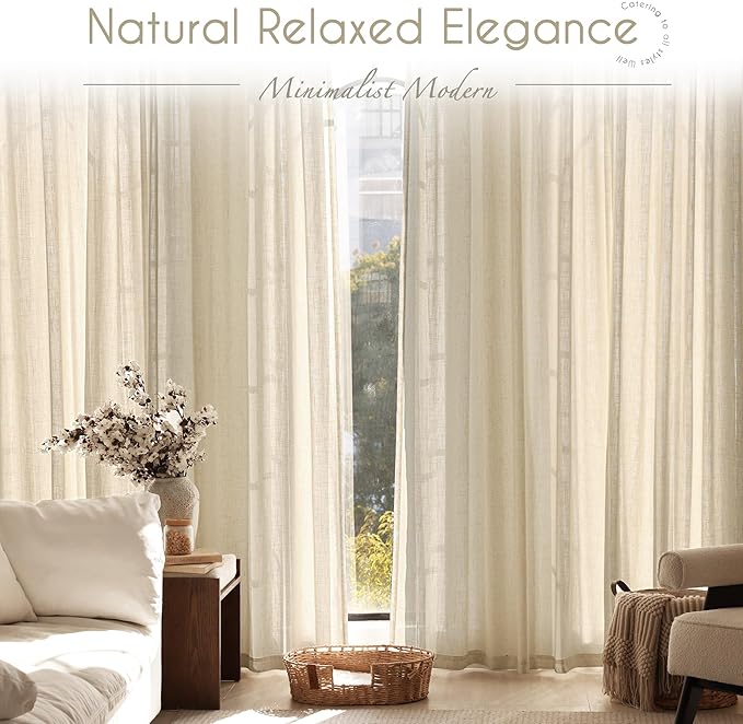 Greyish Beige Linen Curtain 120 inch Length 2 Panels Set Back Tab Light Filtering Living Room Curtain Drapes Home Office Modern Minimalist Decor Farmhouse Boho Neutral Semi Sheer Curtain 120 inch Long