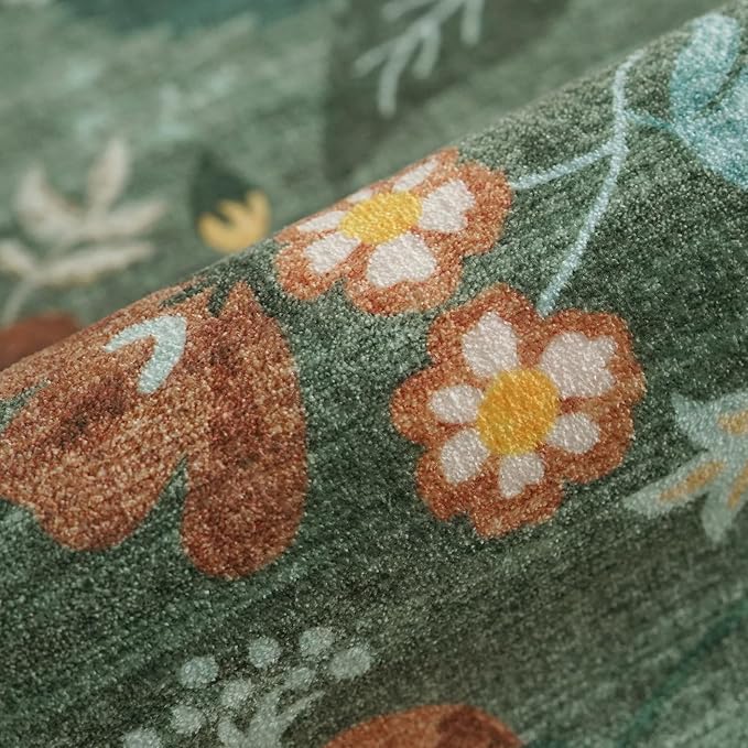 Washable Floral 2x4 Area Rug: Indoor Soft Scalloped Carpet for Entryway Kitchen Non-Slip Water Resistant Bathroom Laundry Floor Mat Low Pile Durable Nursery Door Mat Cute Home Decor(2x4 Floral/Green)