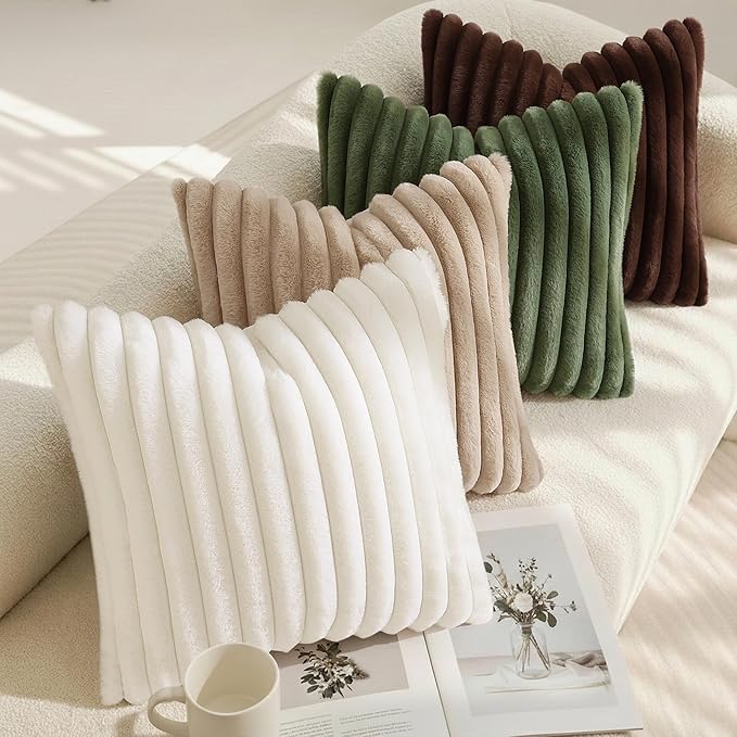 decorUhome Summer Cozy Faux Fur Throw Pillow Covers 12x12 Set of 2 Decorative Soft Plush Striped Modern Farmhouse Boho Couch Pillow Cases with Velvet Back for Sofa Bed Living Room, Cream White
