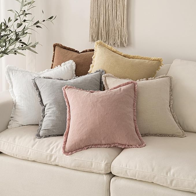 MIULEE Decorative Lumbar Throw Pillow Covers Neutral Linen Fringe Throw Pillows Set of 2 White Boho Farmhouse Cushion Covers with Tassels for Couch Sofa Bed Living Room Spring Decor 12x20 Inch