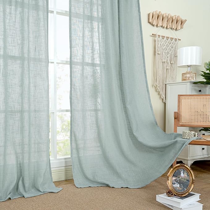 LAMIT Short Linen Window Curtains 30 Inches Long 2 Panels, Greyish Blue Semi Sheer Light Filtering Panels Back Tab and Rod Pocket Neutral Drapes for Basement/Small Windows, 34 x 30 Inch