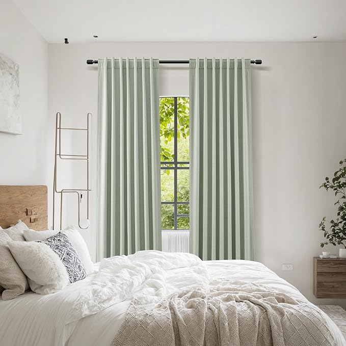 Guken Mist Sage 100% Blackout Linen Curtains 90 Inch Length 2 Panels Set for Living Room Bedroom Back Tab/Rod Pocket Thermal Insulated Black Out Drapes Room Darkening Window Curtains 90 Inches Long