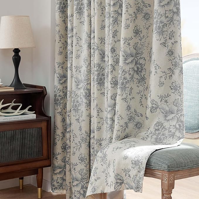 jinchan Blackout Floral Curtains for Living Room Bedroom Linen Blend Curtain Farmhouse Grey Printed with Lined Back Tab Rod Pocket Drapes Window Treatments 2 Panels 96 Inch Gray