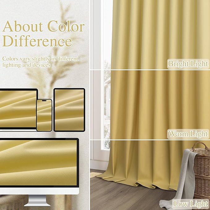 Guken Yellow 100% Blackout Curtains 102 Inch Length 2 Panels Set for Living Room Bedroom Back Tab Thermal Insulated Black Out Linen Drapes Room Darkening Window Curtains, 52x102