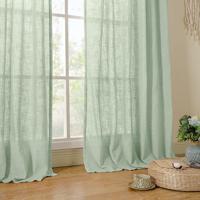 LAMIT Linen Curtains for Living Room 84 inch Length 2 Panels, Light Filtering Semi Sheer Panels Back Tab and Rod Pocket Farmhouse Drapes for Bedroom/Sliding Glass Door, Fresh Green, 52 x 84 Inch