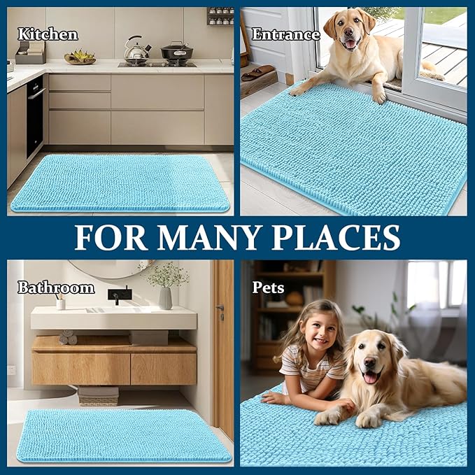 OLANLY Dog Door Mat for Muddy Paws 32x20, Absorbs Moisture and Dirt, Absorbent Non-Slip Washable Doormat, Quick Dry Chenille Mud Mat for Dogs, Entry Indoor Entryway Carpet for Inside Floor, Blue