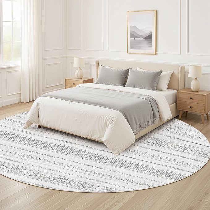 Nakagishi Round Rug Boho Area Rugs: 6x6 Washable Large Circle Neutral Soft Stain Resistant Non-Slip Carpet for Women Aged 25-45 Farmhouse Decor Enthusiasts - Living Room Bedroom Dining Room Nursery