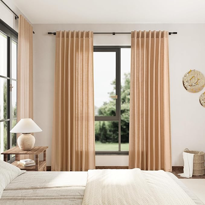 Nanspring Camel Linen Semi Sheer Curtains 72 Inches Long 2 Panels Set for Bedroom Rod Pocket Back Tab Light Filtering Privacy Drapes Cotton Textured Farmhouse Living Room Curtain 52X72 Inches